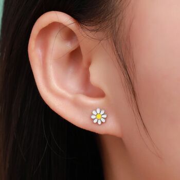 Enamel Daisy Flower Stud Earrings In Sterling Silver, 7 of 11