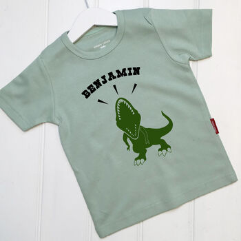 Personalised Roaring Dinosaur Babygrow/Child T Shirt, 5 of 12