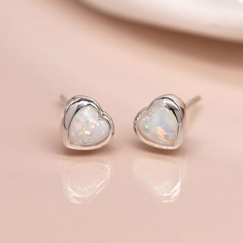 Sterling Silver White Opal Heart Stud Earrings, 2 of 11