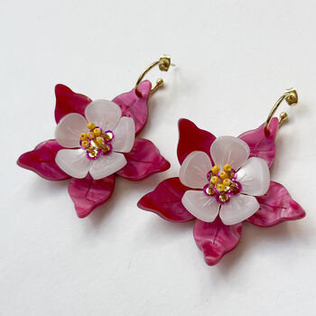 Fuschia Columbine Flower Statement Dangle Earrings, 2 of 5