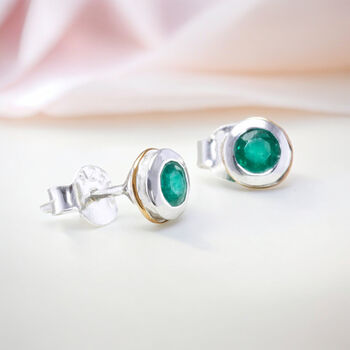 Simple Molten Sterling Silver Emerald Stud Earrings, 2 of 8