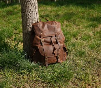 Military Style Genuine Leather Backpack In Tan, 2 of 12