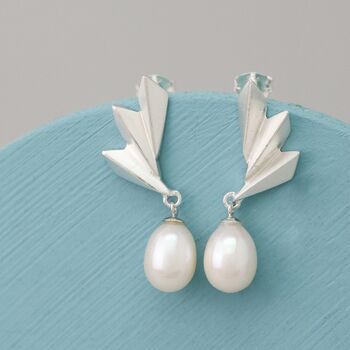 Geometric Silver And Pearl Earrings. Drop Earrings, 4 of 6