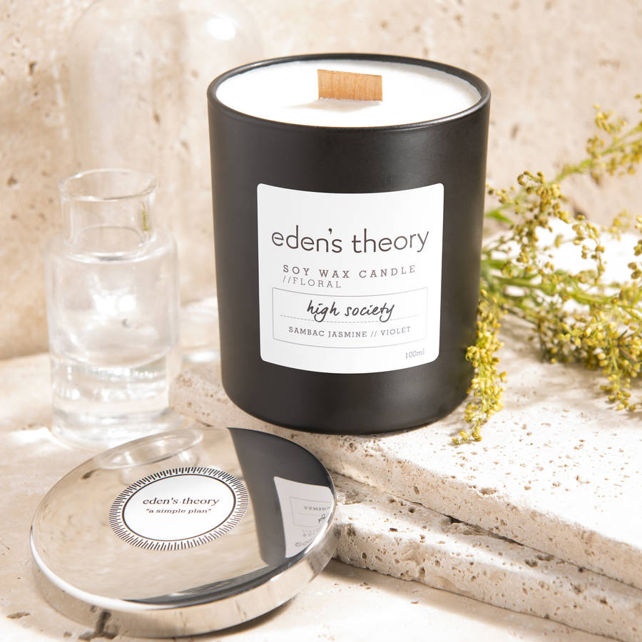 'high society' wood wick soy wax candle by eden's theory