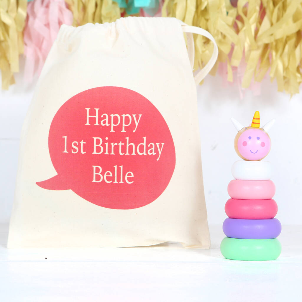 Image of Wooden Unicorn Stacking Toy With Personalised Bag