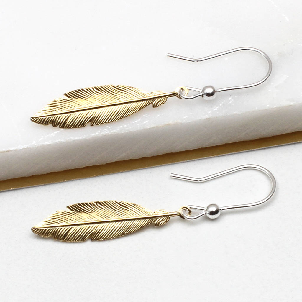 Gold And Sterling Silver Feather Earrings