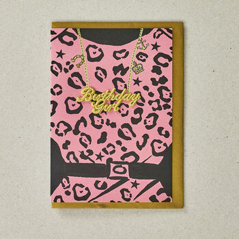 Pink Leopard Print Dress Birthday Girl Greeting Card, 2 of 3