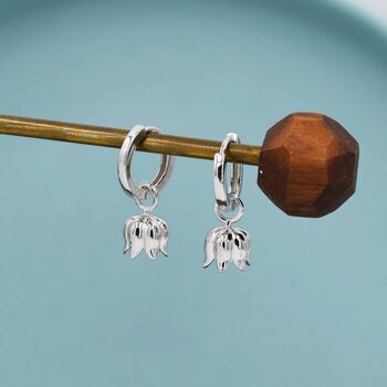 Lily Of The Valley Flower Charm Huggie Hoop Earrings In Sterling Silver, 2 of 12