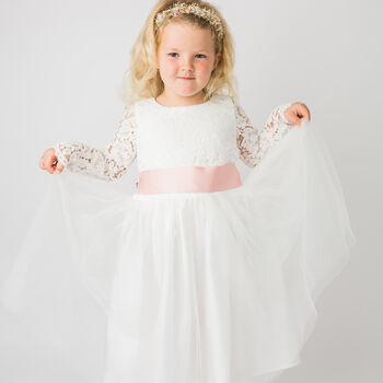 Long Sleeve White Lace Tulle Flower Girl Dress, 3 of 11