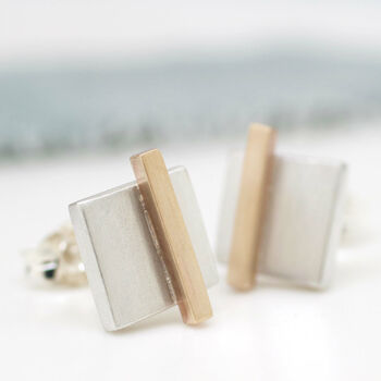 Geometric Earrings. Square Silver And 9ct Gold Studs, 10 of 11