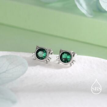 Sterling Silver Emerald Green Cz Cat Stud Earrings, 5 of 12