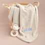Personalised Beige Knitted Baby Blanket And Monkey Rattle Gift Set, thumbnail 5 of 12
