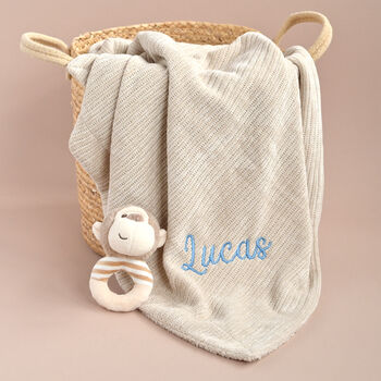 Personalised Beige Knitted Baby Blanket And Monkey Rattle Gift Set, 5 of 12