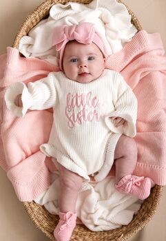Little Sister Embroidered Ruffle Detail Knitted Baby Romper Matching Big Sister Jumper Available, 4 of 12