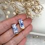 Blue And Gold Floral Ceramic Bar Stud Earrings, Minimalist Rectangular Studs, thumbnail 1 of 10