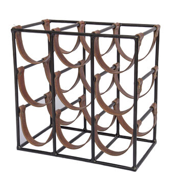Square Leather And Metal Nine Bottle Sling Wine Rack, 3 of 8