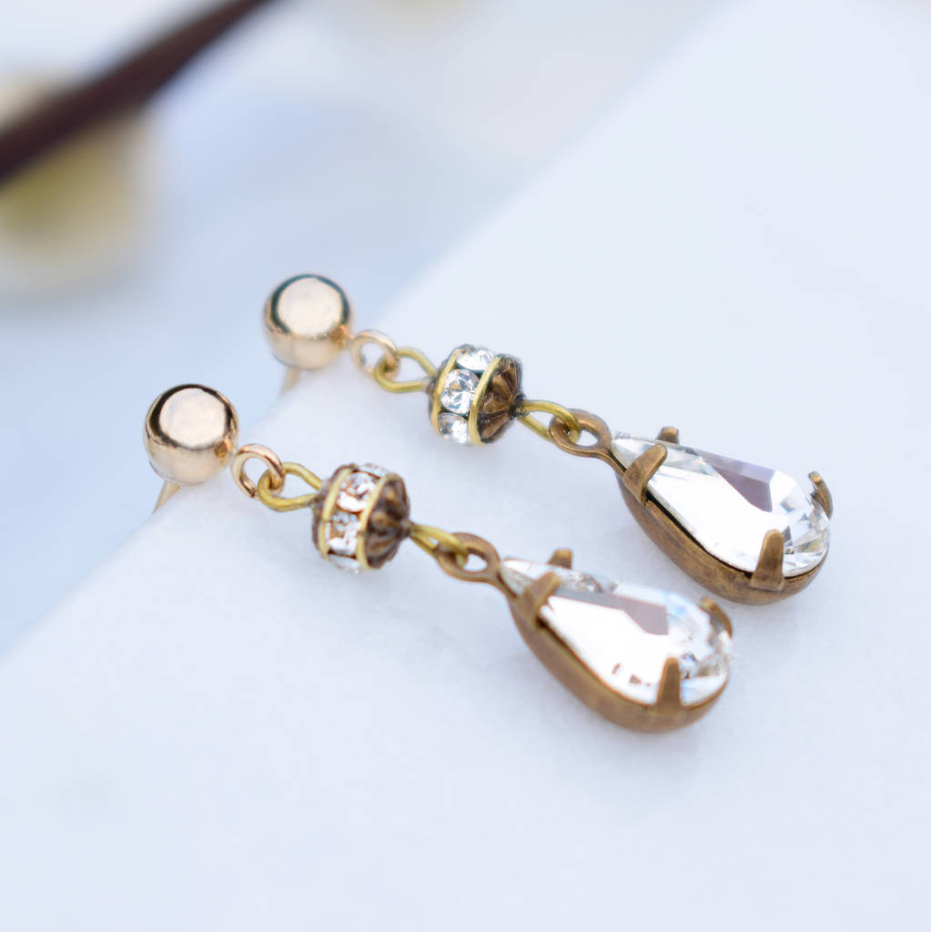 Vintage Inspired Pear Cut Crystal Drop Earrings By Katherine Swaine