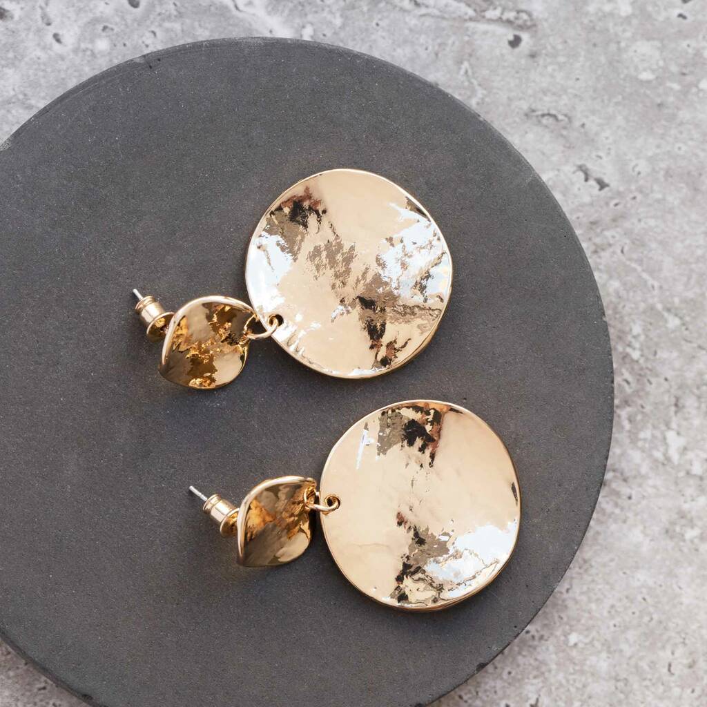 Hammered Gold Colour Double Disc Drop Earrings, 1 of 6