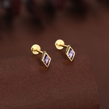 Sterling Silver Amethyst Purple Cz Rhombus 16 G Flat Back Labret Earrings, 4 of 11