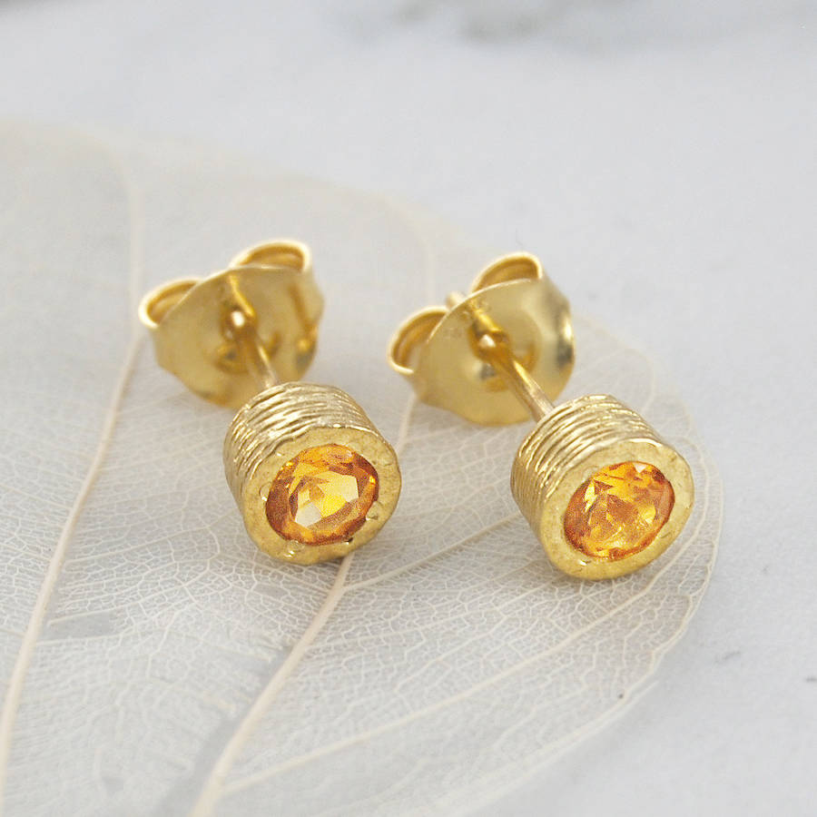 November Round Citrine Birthstone Gold Stud Earrings By Embers November Round Citrine Birthstone Gold Stud Earrings
