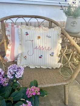 Hand Embroidered Personalised Cushion Lemon Stripe Ruffle Trim, 2 of 7