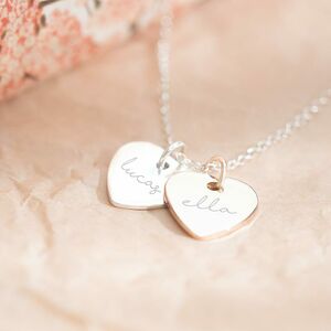 925 Sterling Silver Personalised Engrave Necklace Double Heart with Engraving Two Names—Double Heart Pendant Necklace for Couple Twins Girlfriend