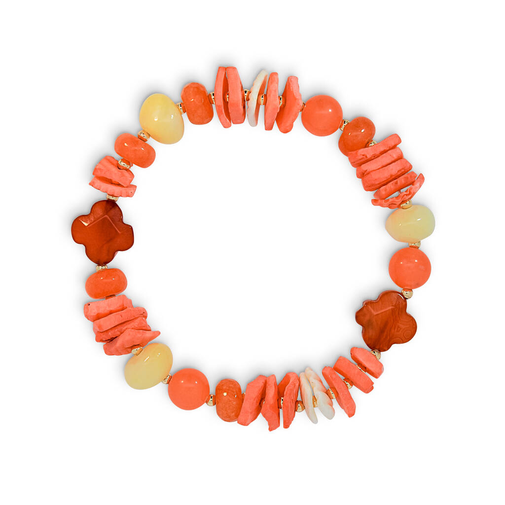 Coral Orange And Yellow Natural Shell And Beaded Bracelet