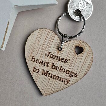 Personalised 'Heart Belongs To Mummy' Wooden Keyring, 2 of 3