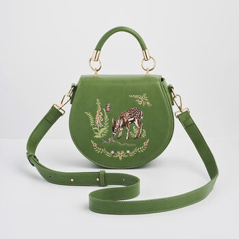 Green Fawn And Snail Embroidered Top Handle Saddle Bag, 4 of 9