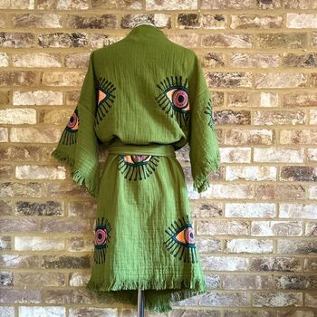 Organic Short Cotton Kimono: Khaki Green Eye, 2 of 3