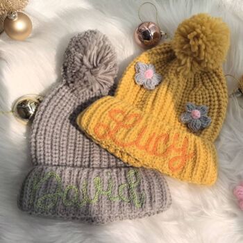 Personalised Crotchet Flower Winter Bobble Hat, 2 of 6