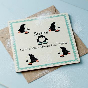 Skating Penguins Personalised Wooden Card, 2 of 2