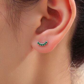 Sterling Silver Emerald Green Cz Curved Bar Tiny Stud Earrings, 6 of 12