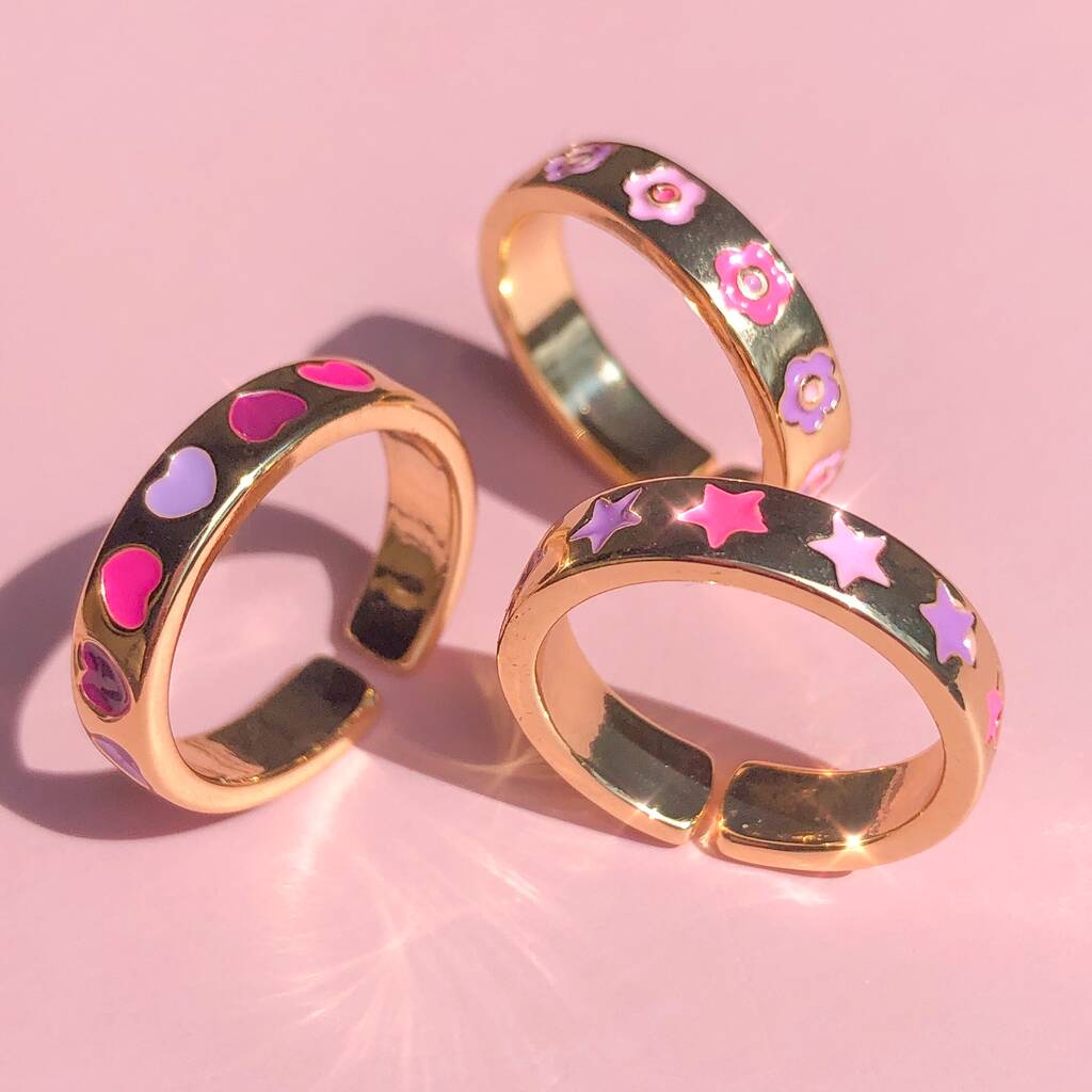 Enamel Pink Rings, Flower, Heart, Star / Gold Filled, 1 of 8