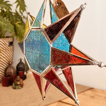 Hanging Moroccan Star Tea Light Candle Holder In Blue, 7 of 9