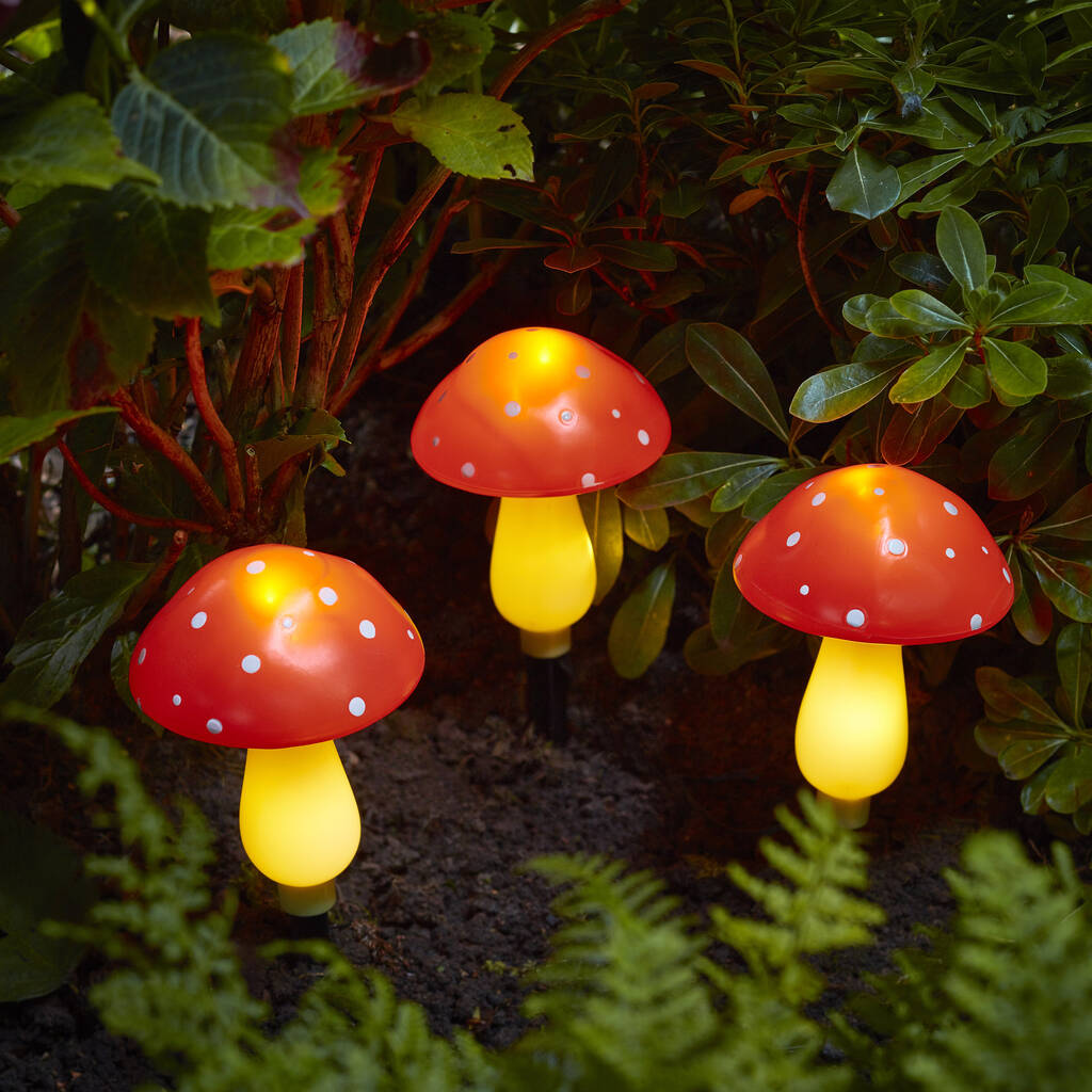 Three Woodland Mushroom Stake Lights