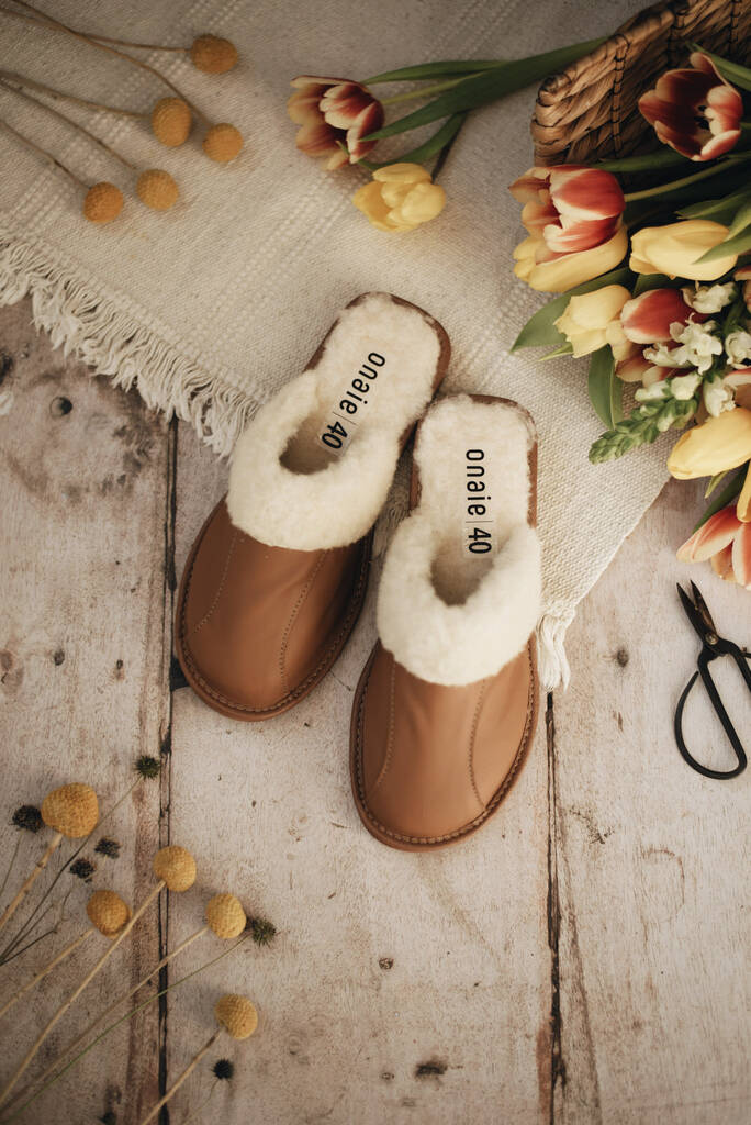 tan leather flat mules