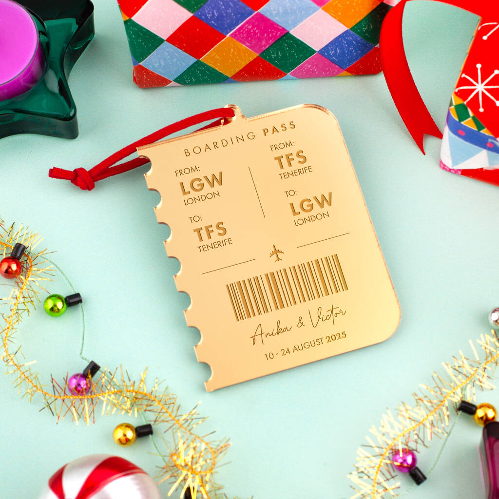 Personalised Couples Boarding Pass Christmas Bauble, 1 of 3