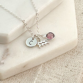 Aquarius Zodiac, Initial And Birthstone Necklace, 5 of 6