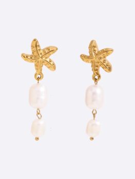 Hypoallergenic + Waterproof Sea Star Freshwater Pearl Earrings 18k Gold Plated Titanium, 2 of 8