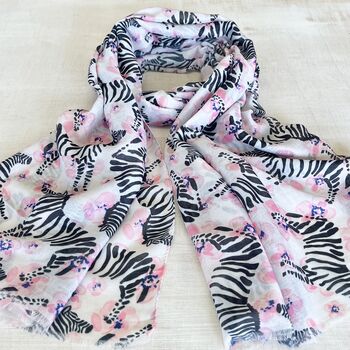 Pink And Black Zebra And Floral Print Scarf, 3 of 6