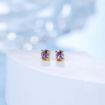 Amethyst Purple Oval Cz Stud Earrings Sterling Silver, 6 of 12