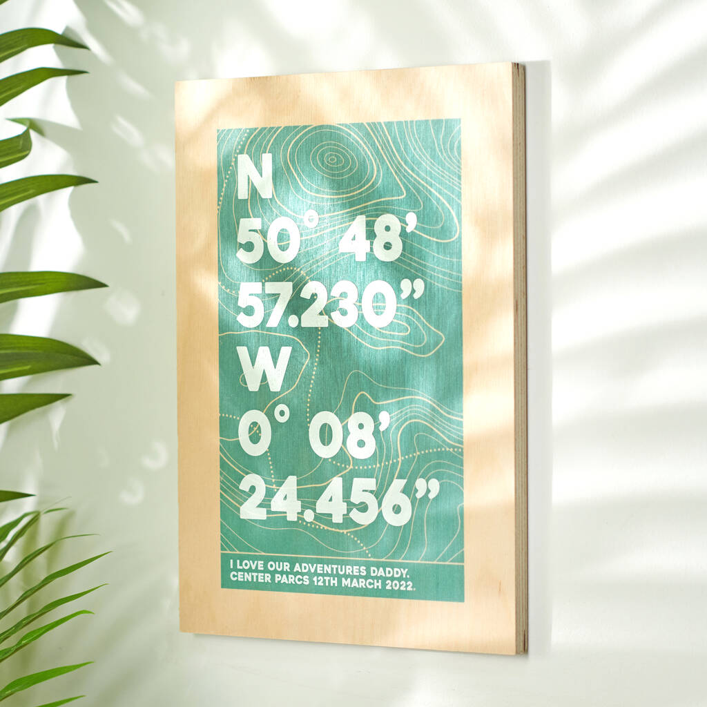 Personalised Coordinates Location Wooden Print, 1 of 3