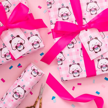 Gingham Party Panda Wrapping Paper With Tags, 2 of 8