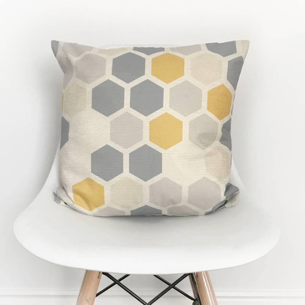 Yellow And Grey Hexagon Cushion Cover By QuirkyBee