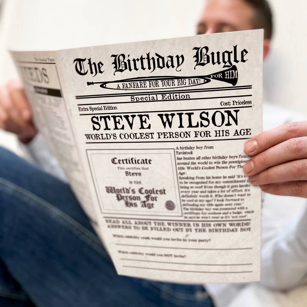 Personalised 'The Birthday Bugle' Newspaper For Him, 1 of 7