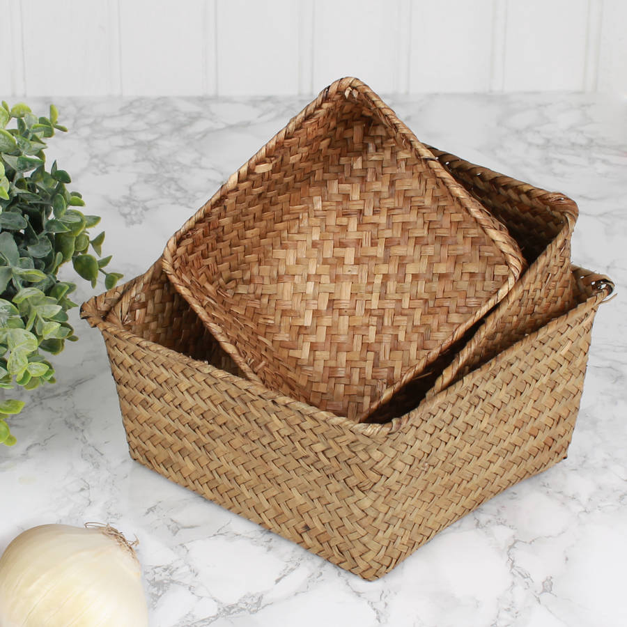 set of three square wheat straw baskets by dibor | notonthehighstreet.com