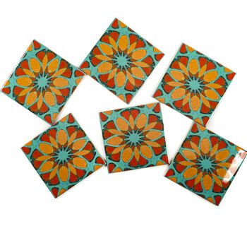 Orange Teal Geometric Flower Tile, 3 of 10