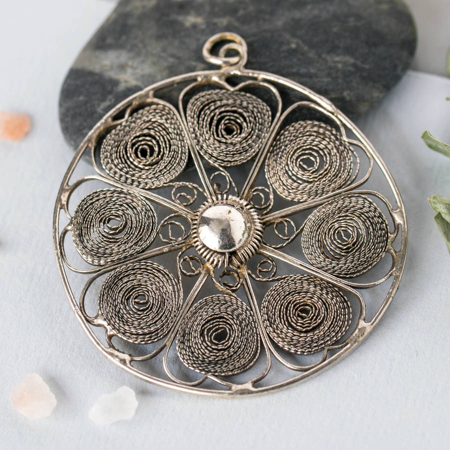 Fine Silver Filigree Flower Pendant By Iamia