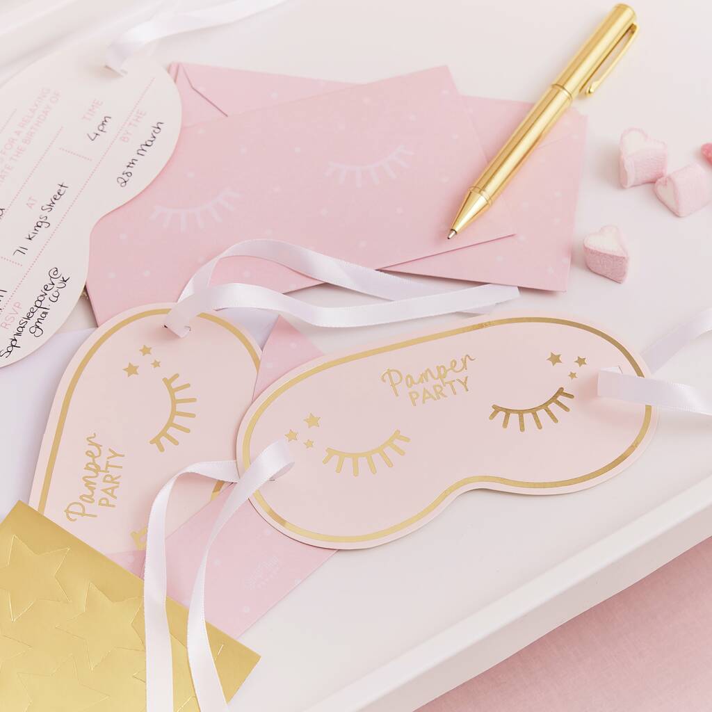 Gold Foiled Eye Mask Shaped Pamper Party Invitations By Ginger Ray